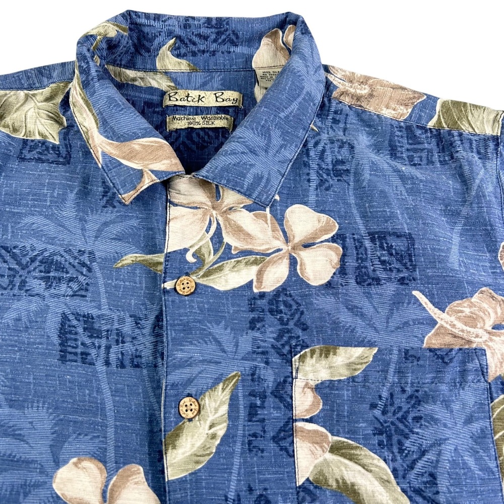 Batik Bay 100% Silk Hawaiian Camp Shirt Men's Blue Floral Tropical Large Beach